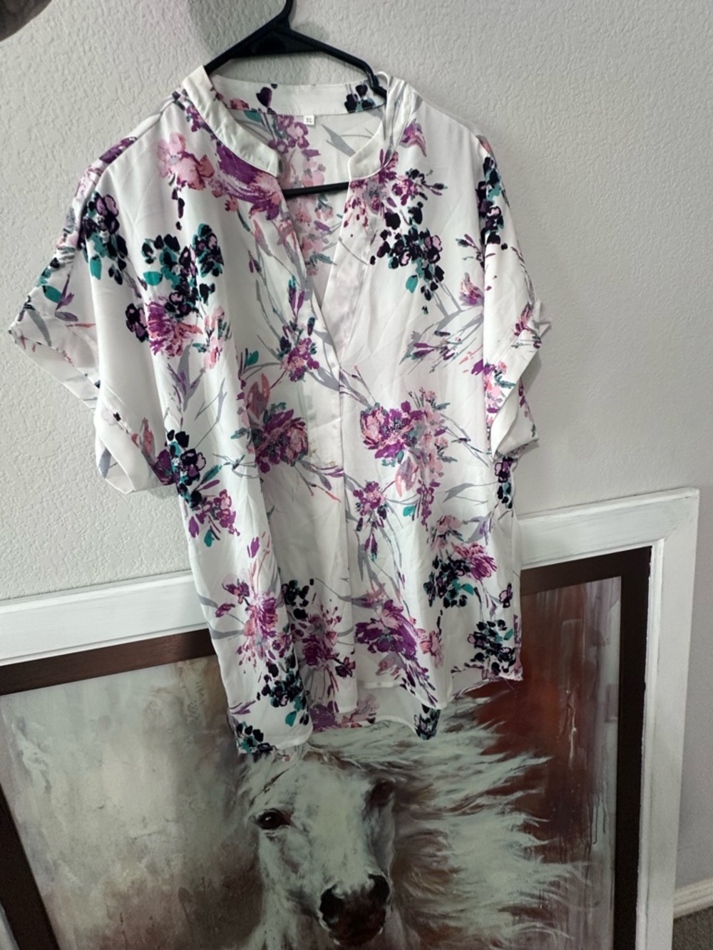White Floral Blouse with Purple & Teal Accents